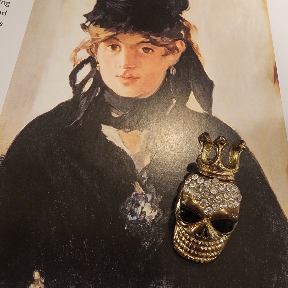 Gold and Black Skull Brooch with Crown